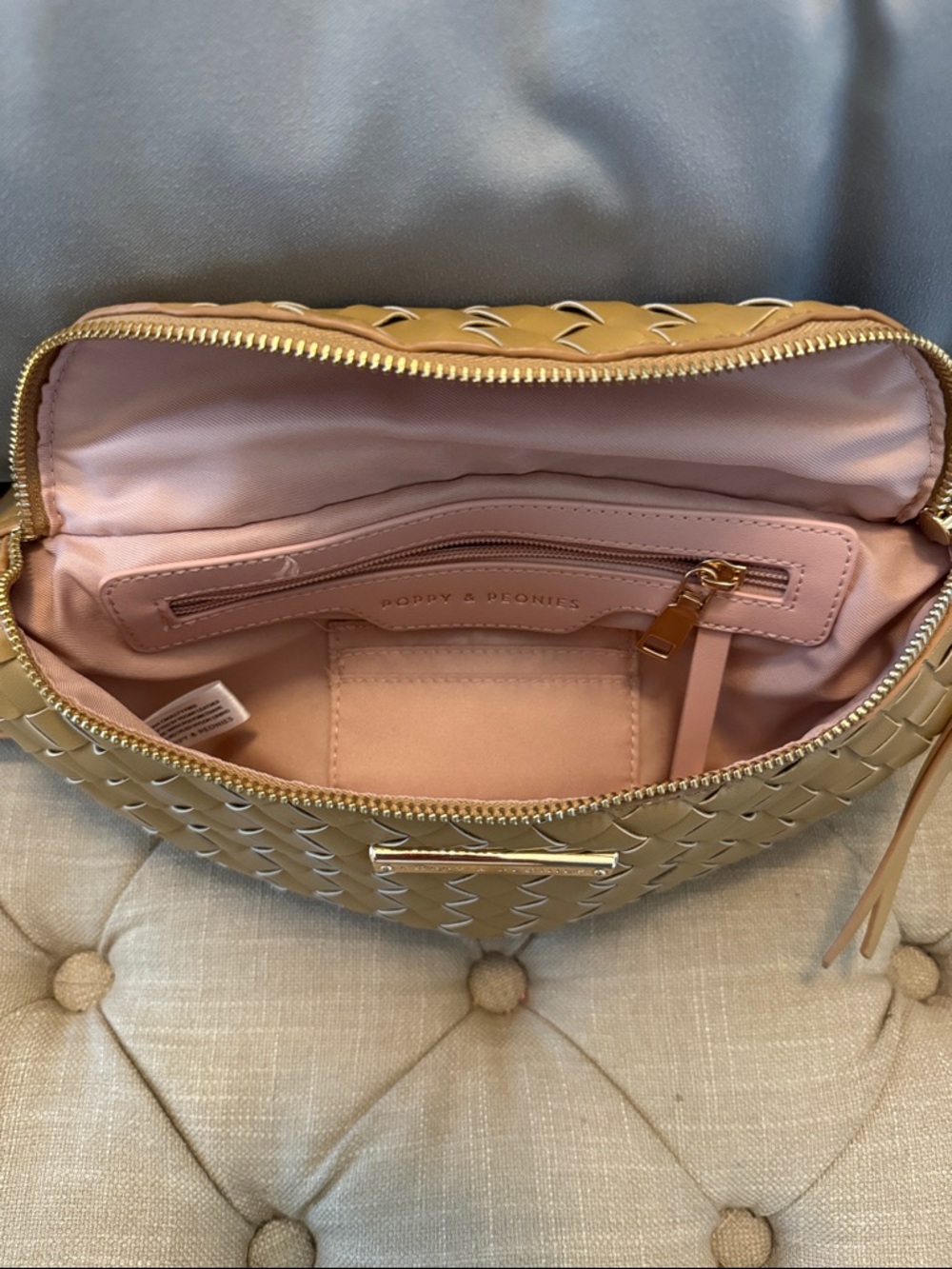 Sidekick. Tan Woven Leather Crossbody Belt Bag with Zip Wallet - Picture 3 of 9